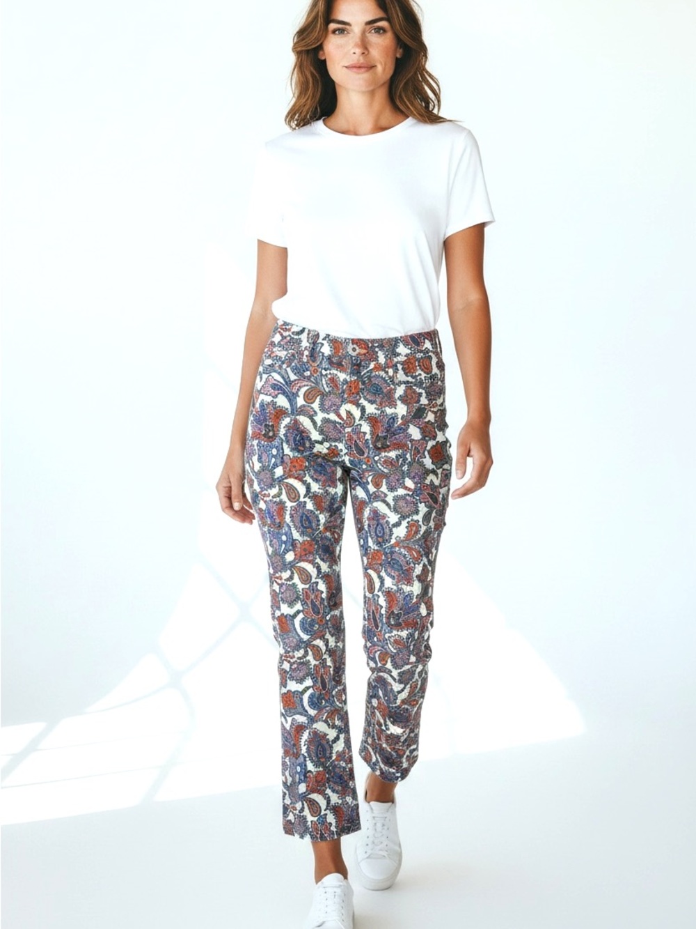 Boden Denim Paisley Cropped Flare Jeans in White, Navy, Pink & Orange
